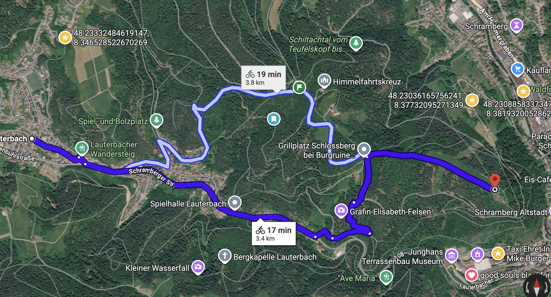 Google Maps Route von Lauterbach über Schrambergerstraße zur Burg