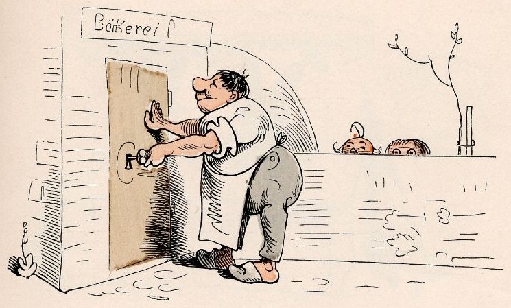 Der Bäcker verriegelt die Tür seiner Backstube, während Max und Moritz über die Mauer spähen. Zeichnung von Wilhelm Busch, 1865