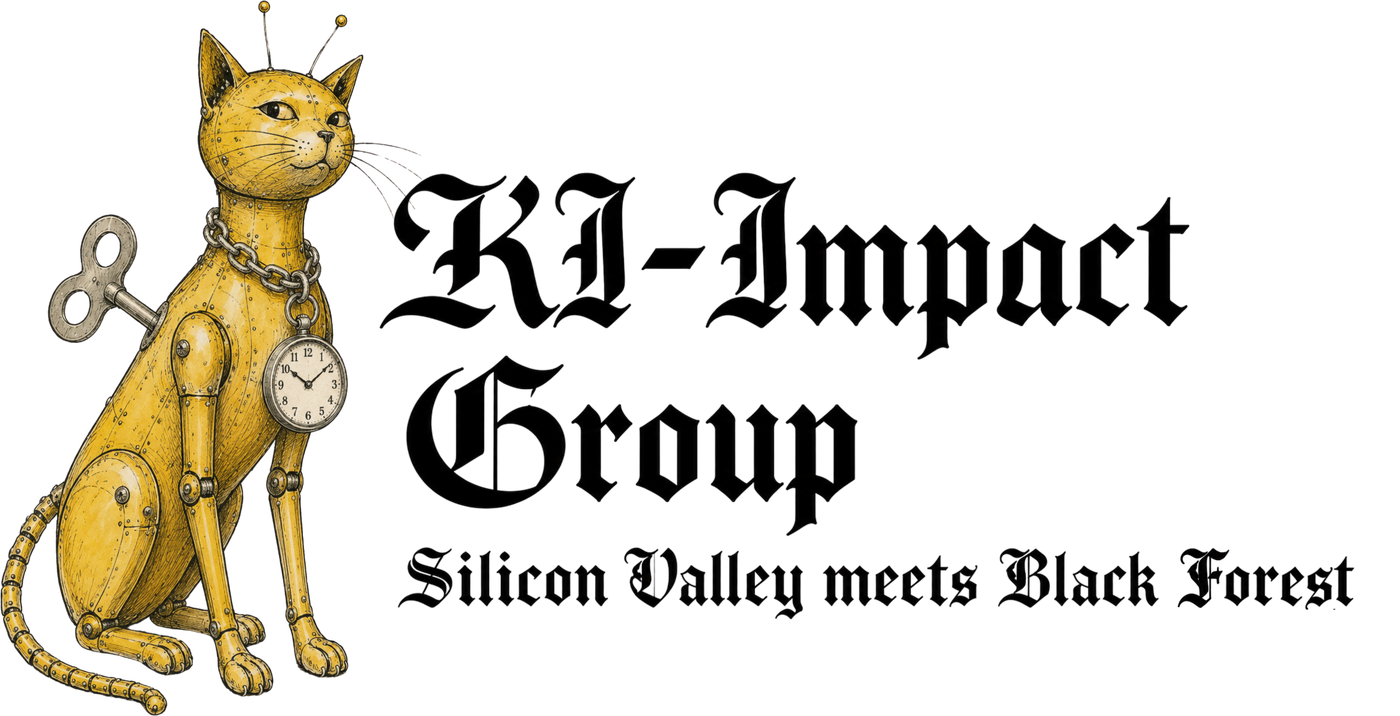 KI-Impact Group — Silicon Valley meets Black Forest. Banner mit der KI-Impact-Katze als mechanische Aufziehkatze im Stil von Wilhelm Busch: gelbes Blech, Nieten, Aufziehschlüssel im Rücken und eine silberne Junghans-Taschenuhr an schwerer Panzerkette