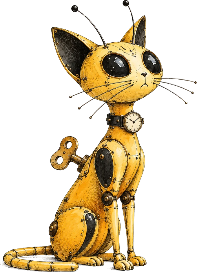 Die KI-Impact-Katze: mechanische Aufziehkatze aus gelbem Blech mit Nieten, Aufziehschlüssel und Uhr am Halsband