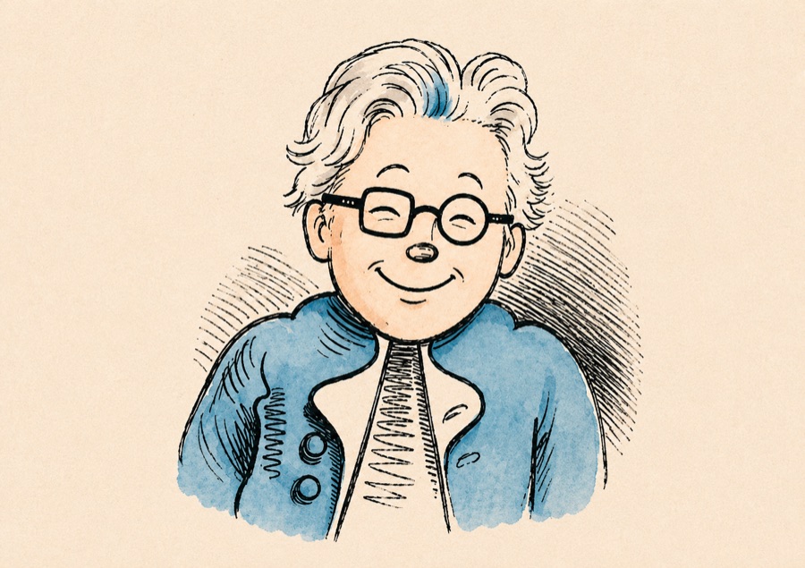 Mark Finnern als Zeichnung im Stil von Wilhelm Busch: lächelnd, runde Brille, blaue Jacke