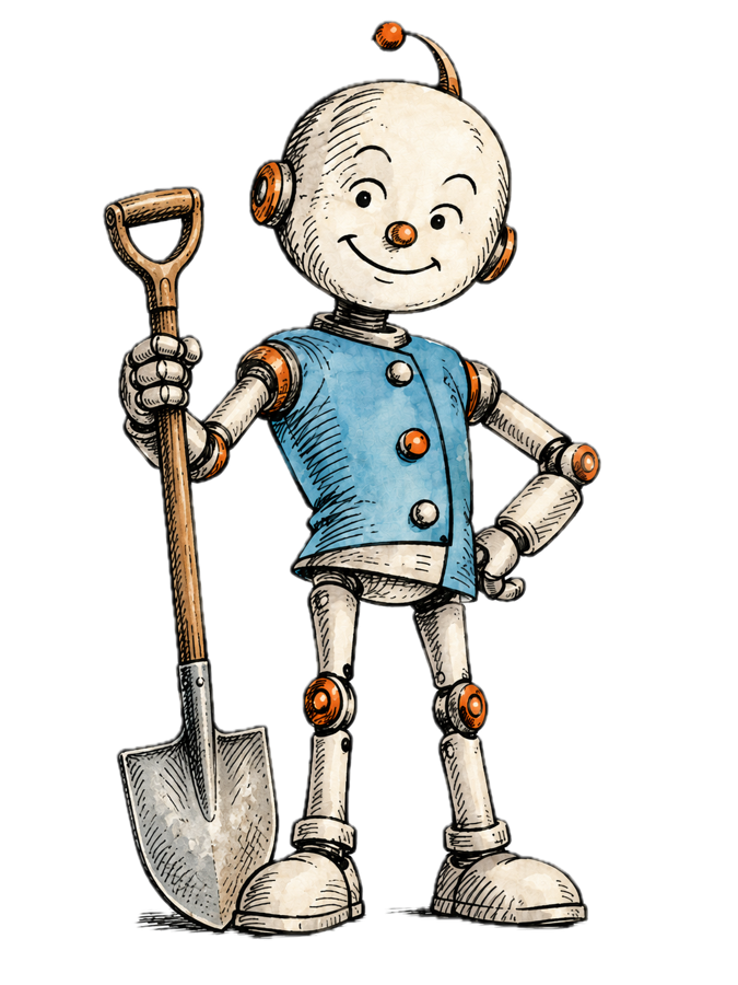 Rob Otten, ein gezeichneter Roboter mit Schaufel, im Stil von Wilhelm Busch