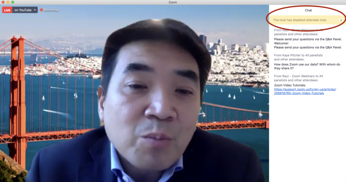 Screenshot of Zoom CEO Eric Yuan webinar session where they don't allow chat or public Q&A